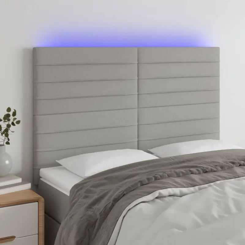 Zagłówek do łóżka z LED, jasnoszary, 144x5x118/128 cm, tkanina