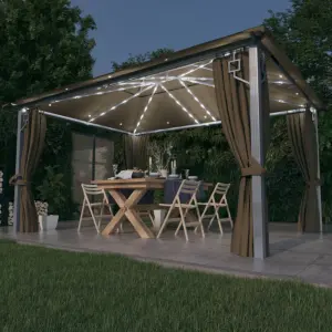 Altana z zasłonami i lampkami LED, 4x3 m, taupe, aluminium