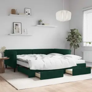 Sofa rozsuwana z szufladami, ciemnozielona, 100x200 cm, aksamit