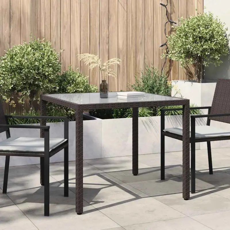 Stół ogrodowy, 90x90x75 cm, szkło i rattan PE, brązowy