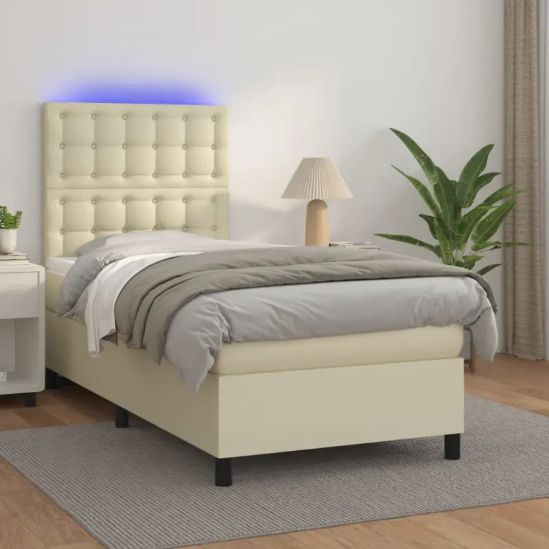 Łóżko kontynentalne z LED, materac, kremowe, ekoskóra 90x200 cm