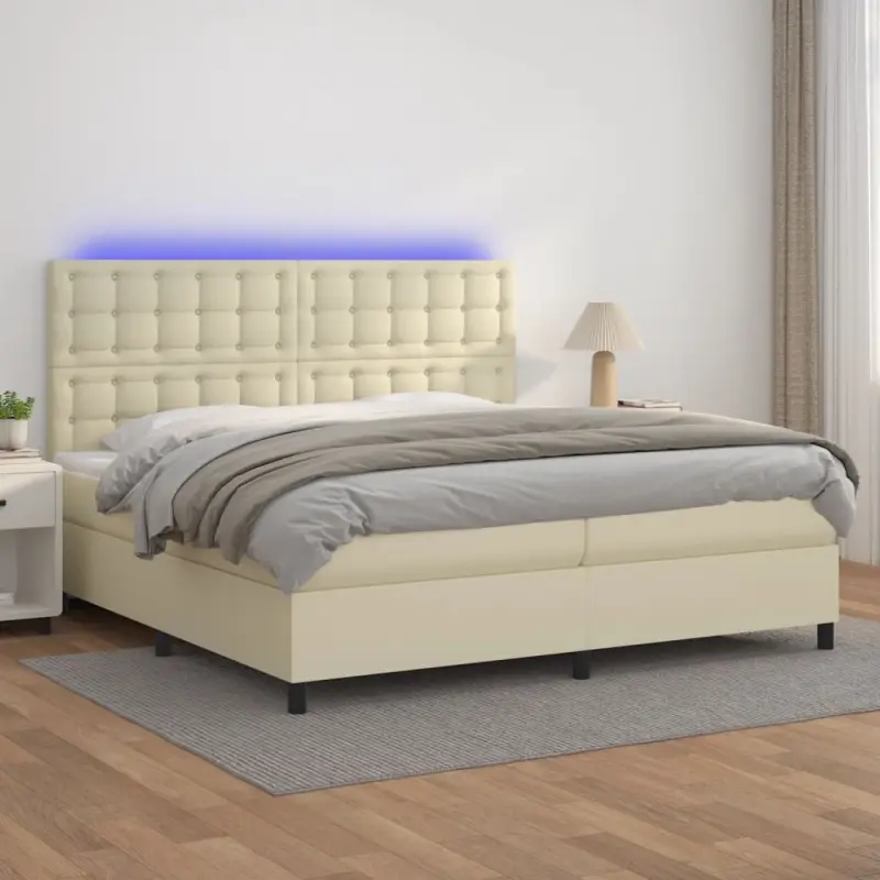Łóżko kontynentalne z LED, materac, kremowe, ekoskóra 200x200cm