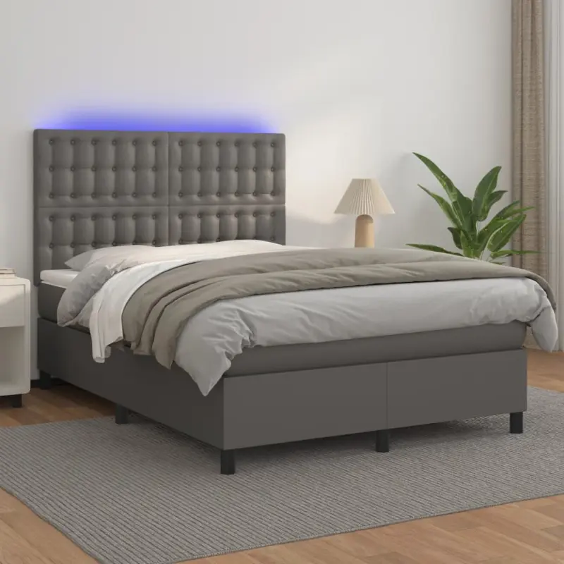 Łóżko kontynentalne z materacem i LED, szara ekoskóra 140x190cm