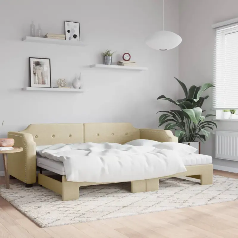 Sofa rozsuwana z materacami, kremowa, 80x200 cm, tkanina
