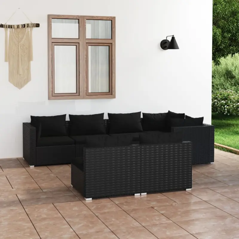 7-cz. zestaw mebli do ogrodu, z poduszkami, rattan PE, czarny