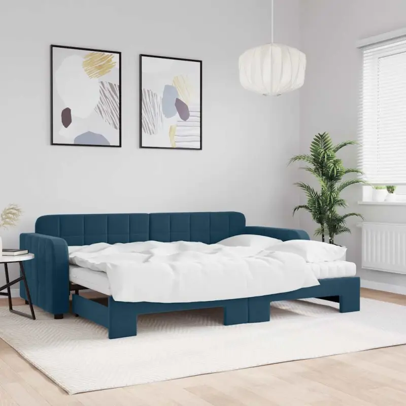 Sofa rozsuwana z materacami, niebieska, 80x200 cm, aksamit