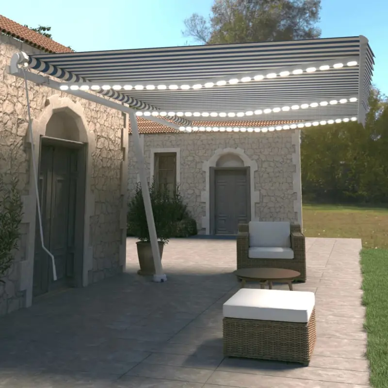Ręcznie zwijana markiza z LED, 600x350 cm, niebiesko-biała