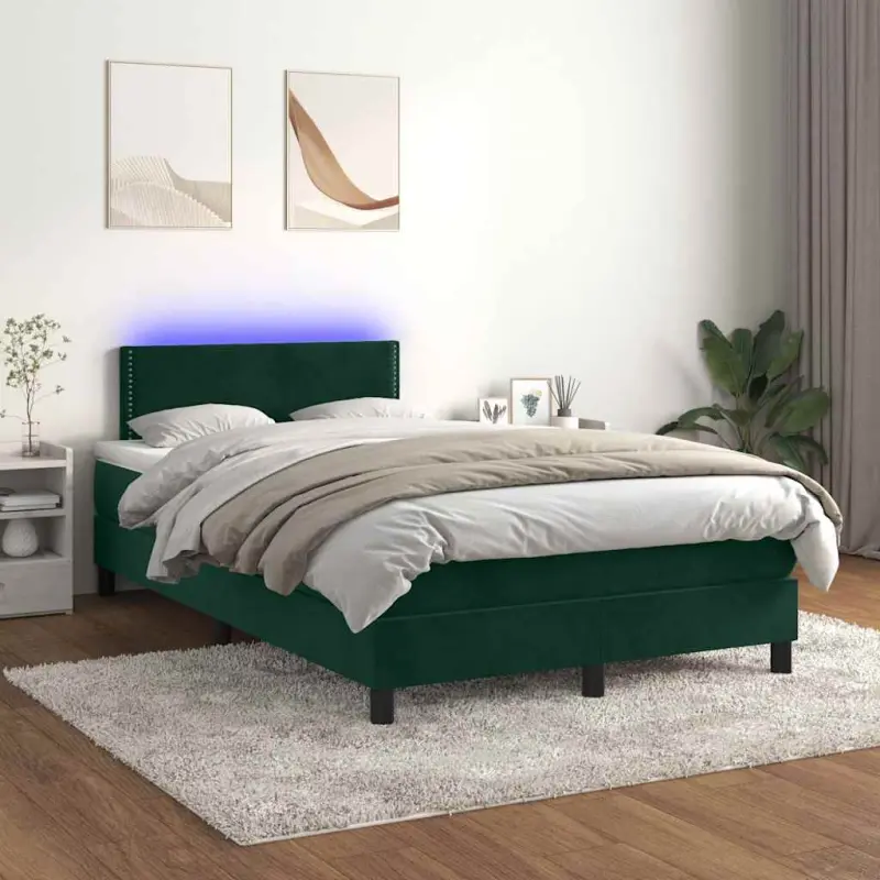 Łóżko kontynentalne z materacem i LED zielony aksamit 120x200cm