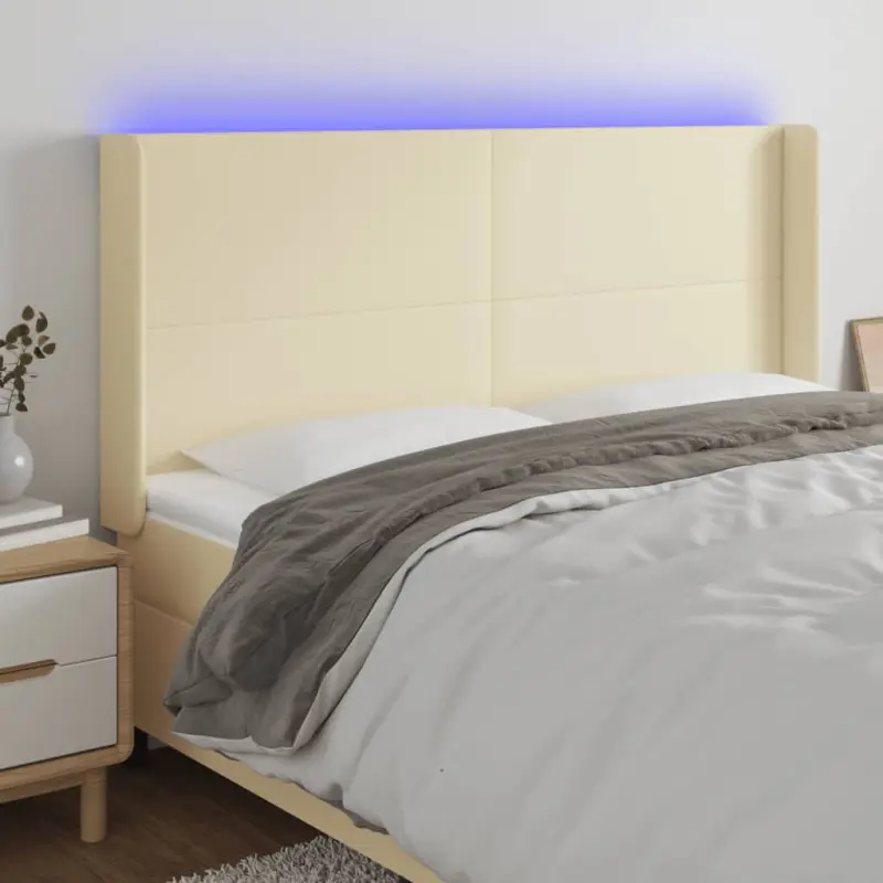 Zagłówek do łóżka z LED kremowy 203x16x118/128cm sztuczna skóra