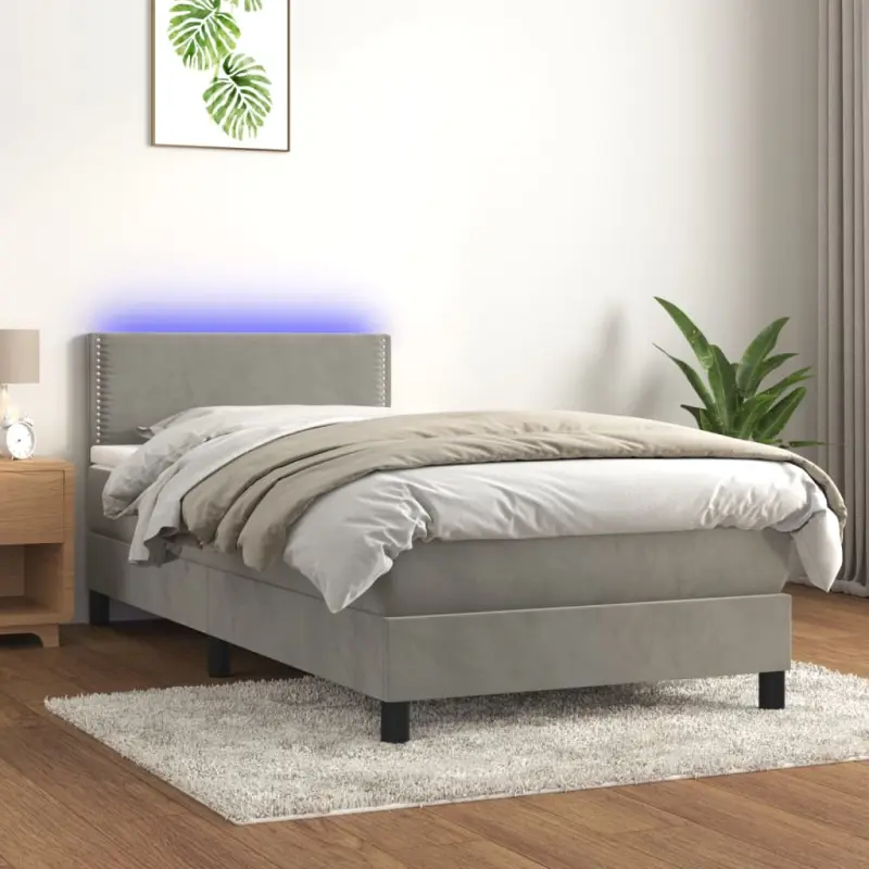 Łóżko kontynentalne z materacem i LED, szare 100x200cm, aksamit