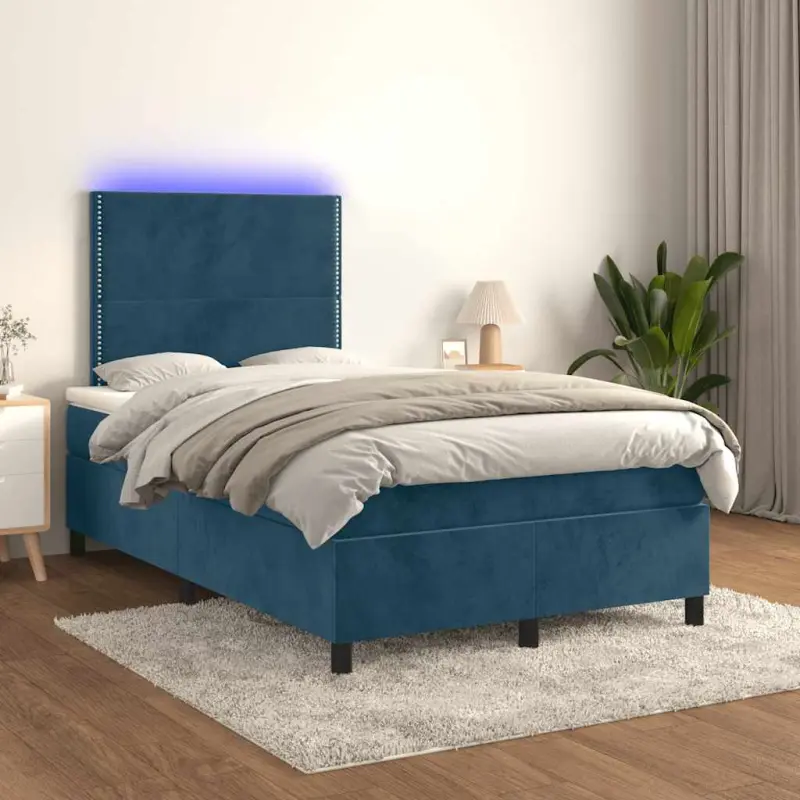 Łóżko kontynentalne, materac i LED, niebieski aksamit 120x200cm