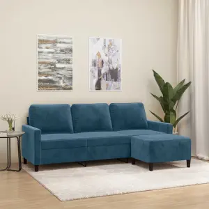 3-osobowa sofa z podnóżkiem, niebieska, 180 cm, aksamit