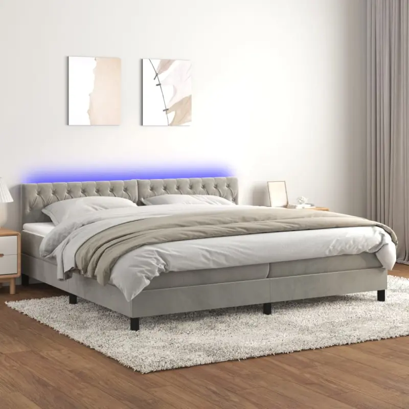 Łóżko kontynentalne z materacem i LED, szare 200x200cm, aksamit