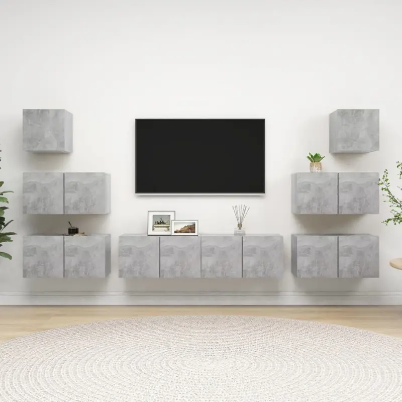 8-cz. zestaw szafek TV, szarość betonu, materiał drewnopochodny
