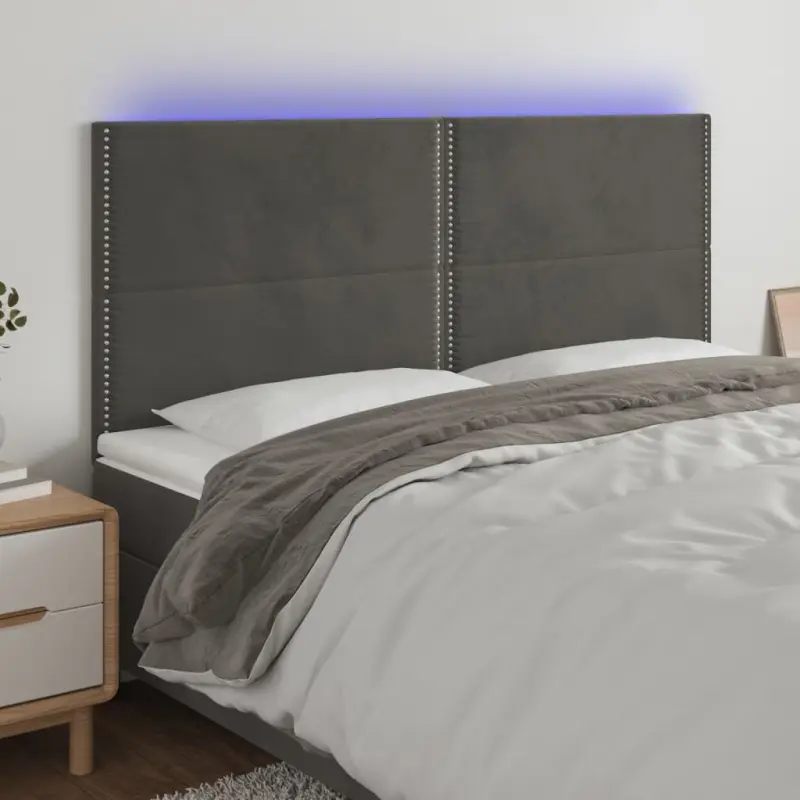Zagłówek do łóżka z LED, ciemnoszary, 180x5x118/128 cm, aksamit