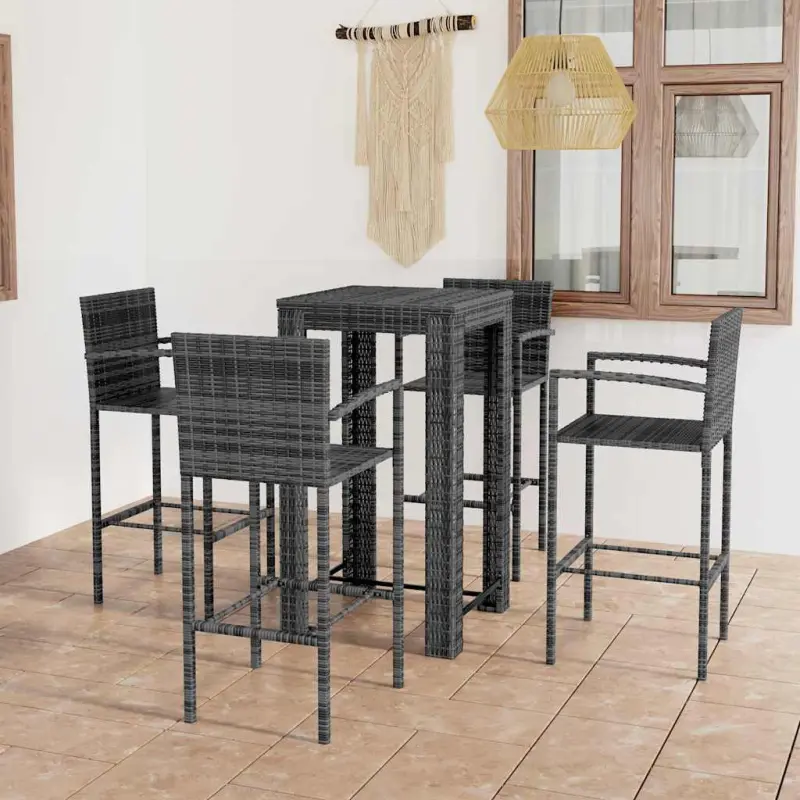 5-cz. zestaw mebli barowych z podłokietnikami, rattan PE, szary