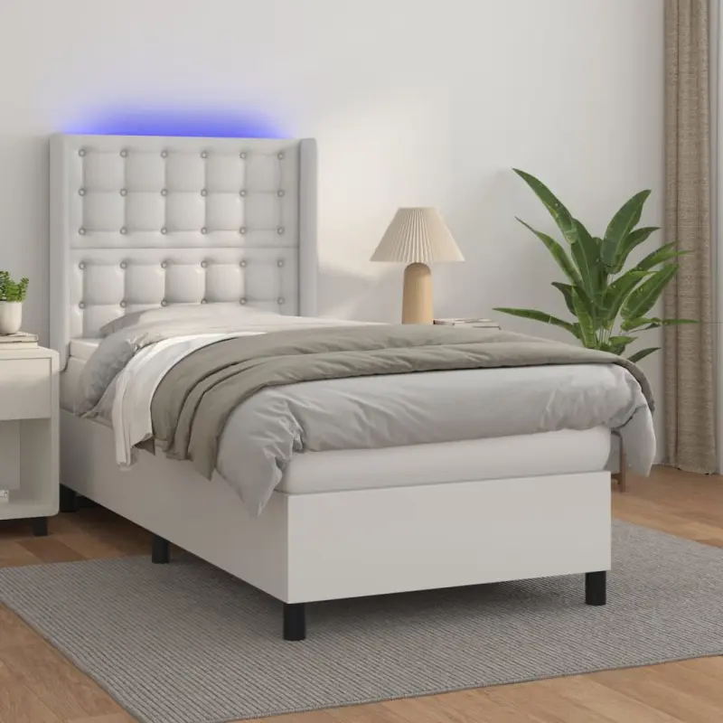 Łóżko kontynentalne z materacem i LED, biała ekoskóra 90x190 cm