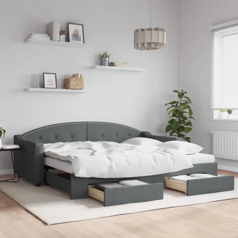 Sofa rozsuwana z szufladami, ciemnoszara, 90x200 cm, tkanina