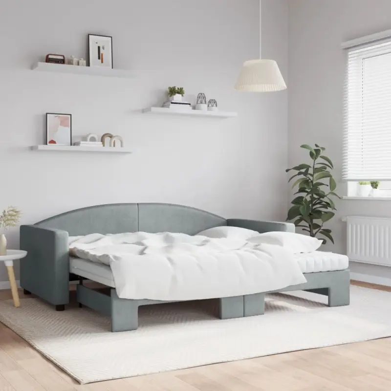 Sofa rozsuwana z materacami, jasnoszara, 90x190 cm, tkanina