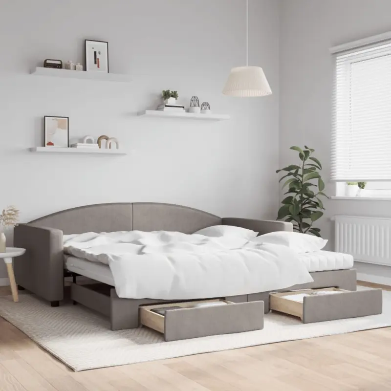 Sofa rozsuwana z szufladami, taupe, 100x200 cm, tkanina