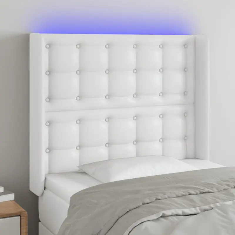 Zagłówek do łóżka z LED, biały, 83x16x118/128cm, sztuczna skóra
