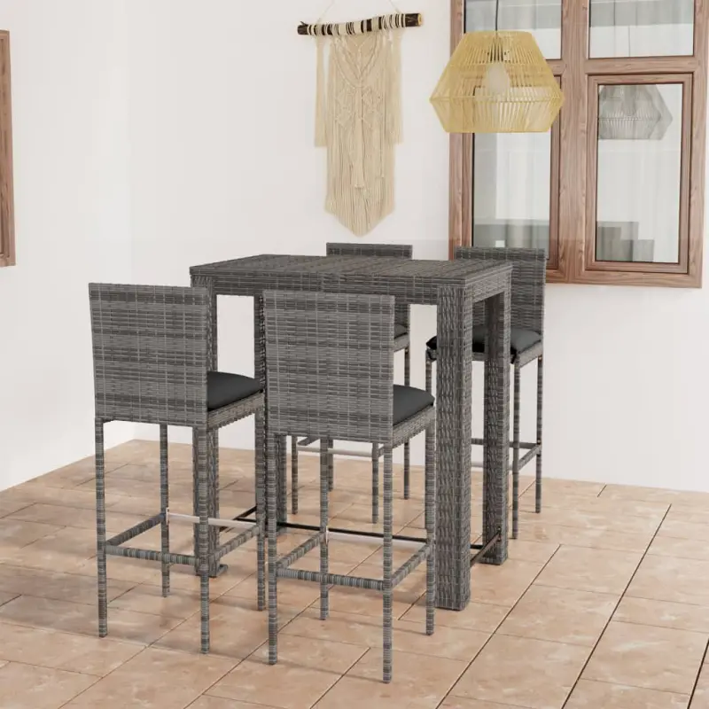 Meble ogrodowe barowe 5-cz. rattan PE szary z poduszkami i stalową ramą