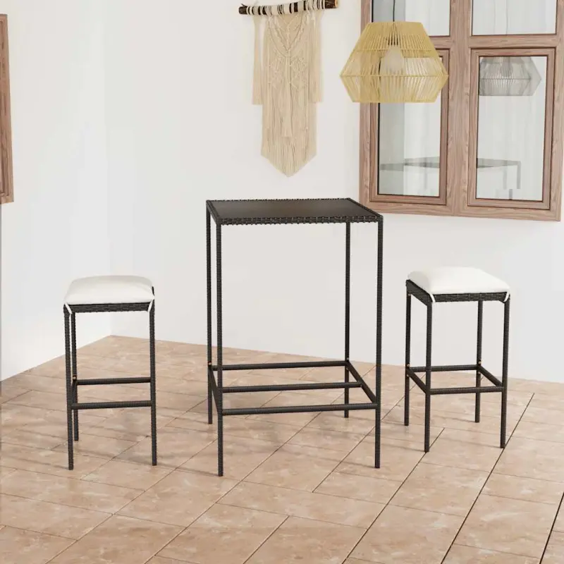 3-cz. zestaw barowy do ogrodu, z poduszkami, rattan PE, czarny