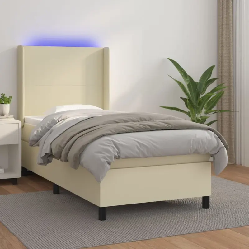 Łóżko kontynentalne z LED, materac, kremowe, ekoskóra 90x200 cm
