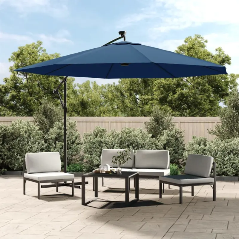 Parasol ogrodowy z LED, wiszący, niebieski, 350 cm