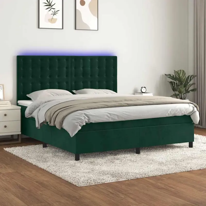 Łóżko kontynentalne z materacem i LED zielony aksamit 180x200cm