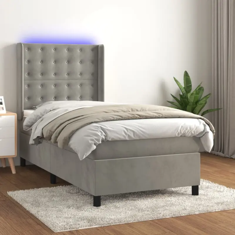 Łóżko kontynentalne z materacem i LED, szare 90x190 cm, aksamit