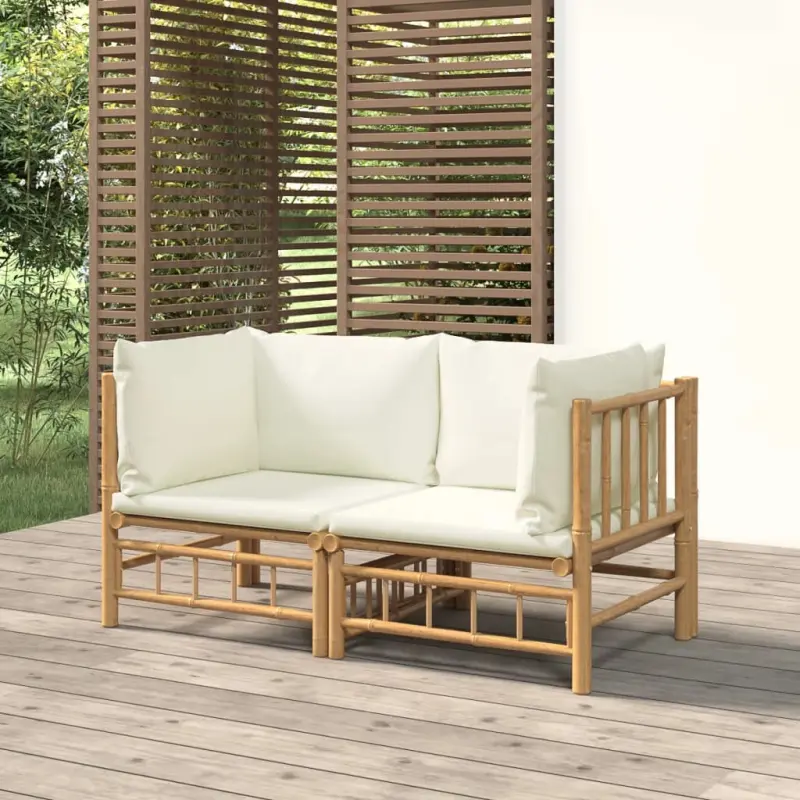 Meble ogrodowe sofa narożna bambus kremowe poduszki 2 sztuki do ogrodu