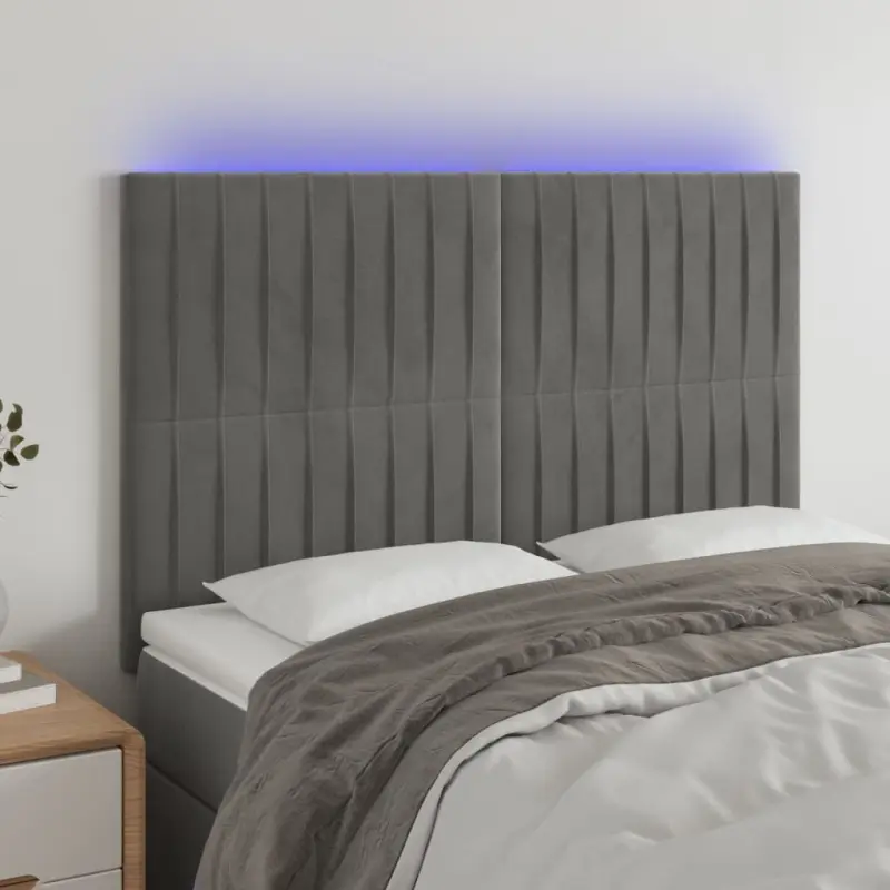 Zagłówek do łóżka z LED, jasnoszary, 144x5x118/128 cm, aksamit