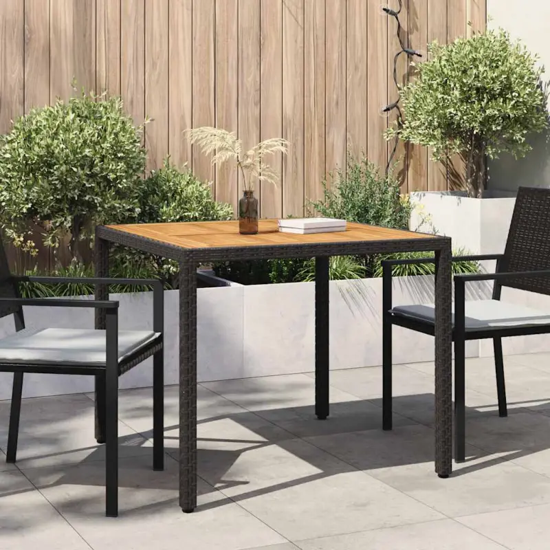 Stół ogrodowy, 90x90x75 cm, czarny rattan PE i drewno akacjowe