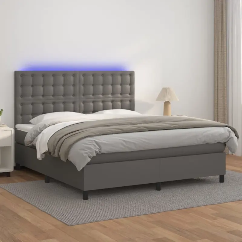 Łóżko kontynentalne z materacem i LED, szara ekoskóra 160x200cm
