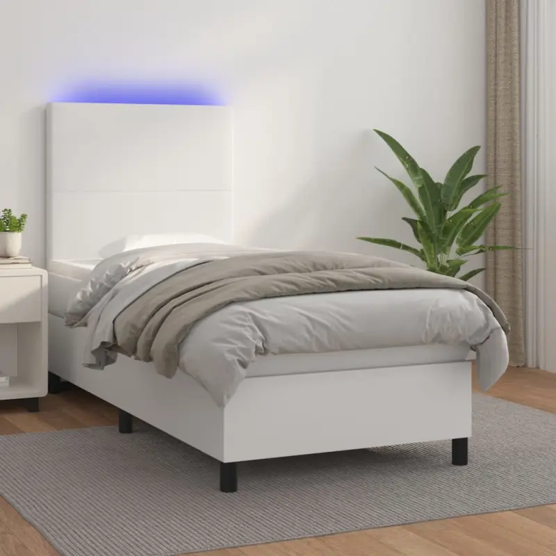 Łóżko kontynentalne z materacem i LED, biała ekoskóra 100x200cm