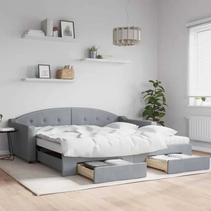 Sofa rozsuwana z szufladami, jasnoszara, 100x200 cm, tkanina