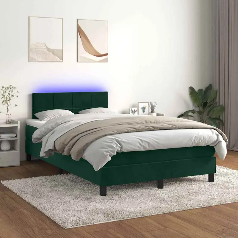 Łóżko kontynentalne z materacem i LED zielony aksamit 120x200cm