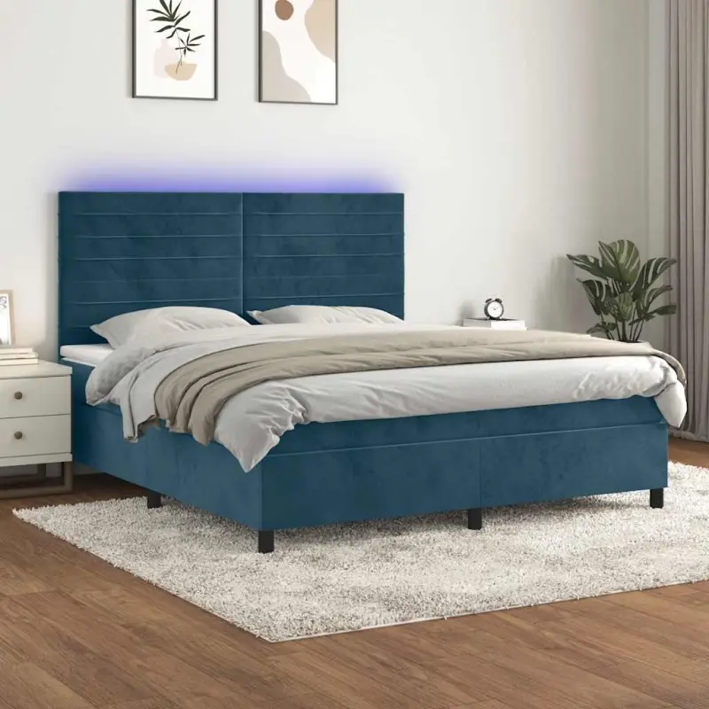 Łóżko kontynentalne, materac i LED, niebieski aksamit 160x200cm