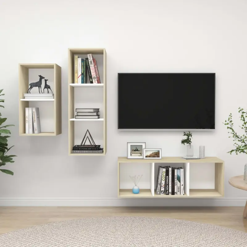 Zestaw 3 szafek TV, biel i dąb sonoma, materiał drewnopochodny