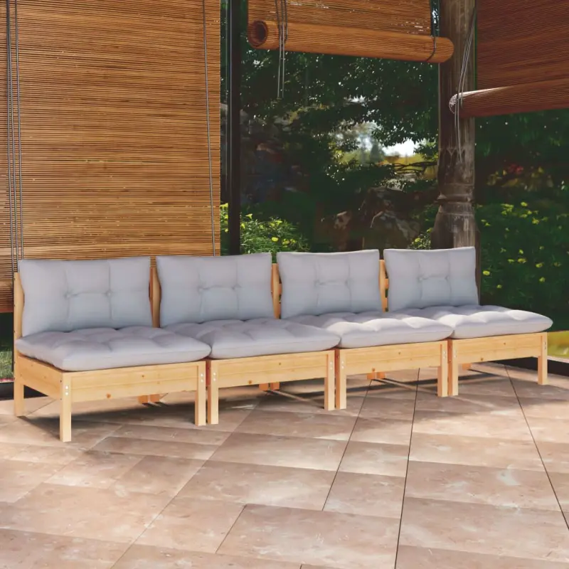 4-osobowa sofa ogrodowa z szarymi poduszkami, drewno sosnowe