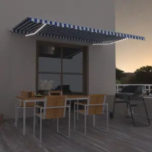 Ręcznie zwijana markiza z LED, 500x350 cm, niebiesko-biała