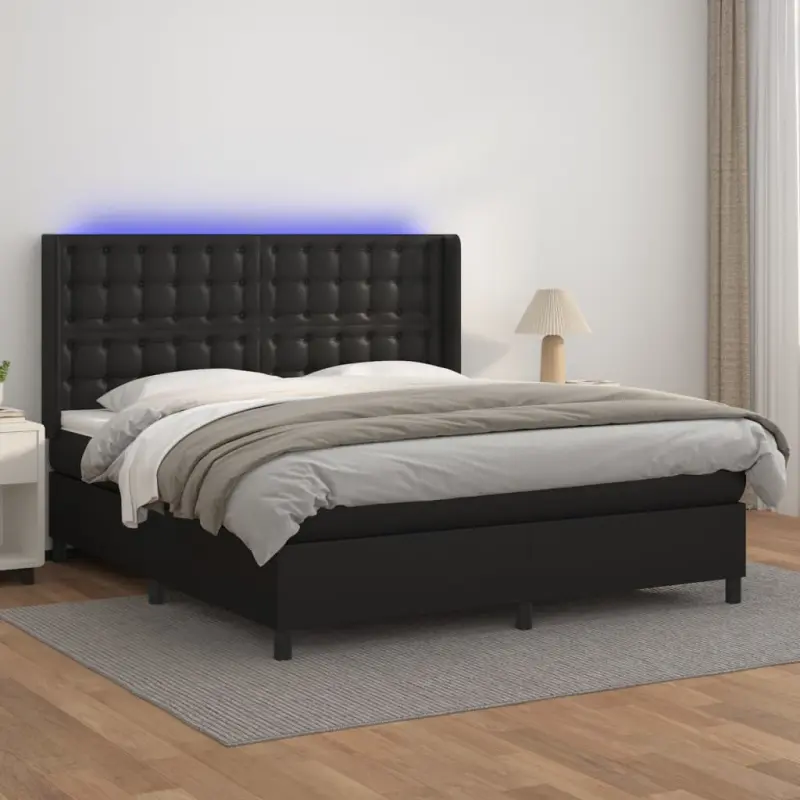 Łóżko kontynentalne z materacem i LED czarna ekoskóra 160x200cm