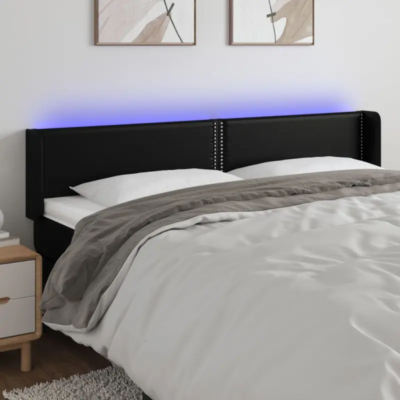 Zagłówek do łóżka z LED, czarny, 203x16x78/88cm, sztuczna skóra