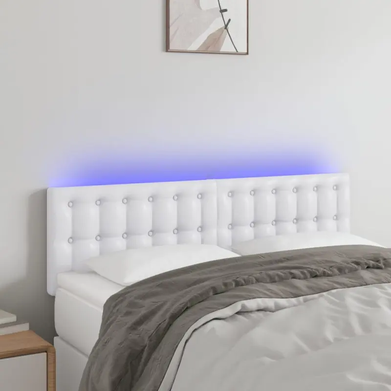 Zagłówek do łóżka z LED, biały, 144x5x78/88 cm, sztuczna skóra