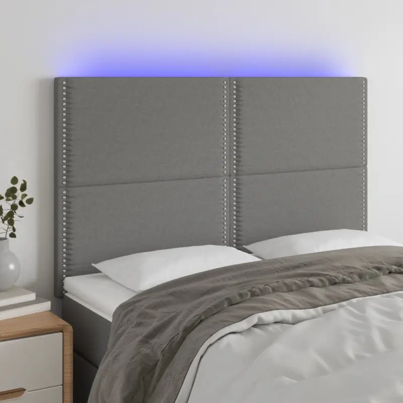Zagłówek do łóżka z LED, ciemnoszary, 144x5x118/128 cm, tkanina