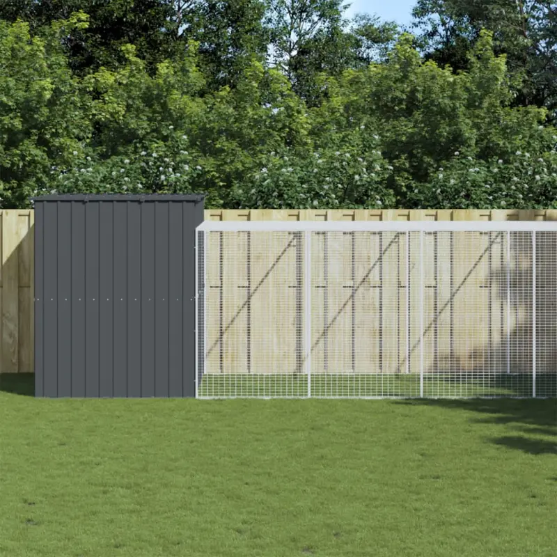 Buda dla psa, z wybiegiem, antracytowa, 214x865x181 cm, stal