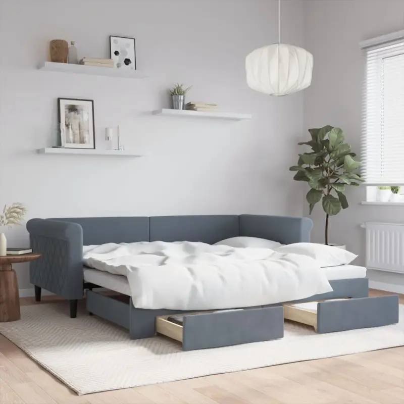 Sofa rozsuwana z szufladami, ciemnoszara, 90x190 cm, aksamit