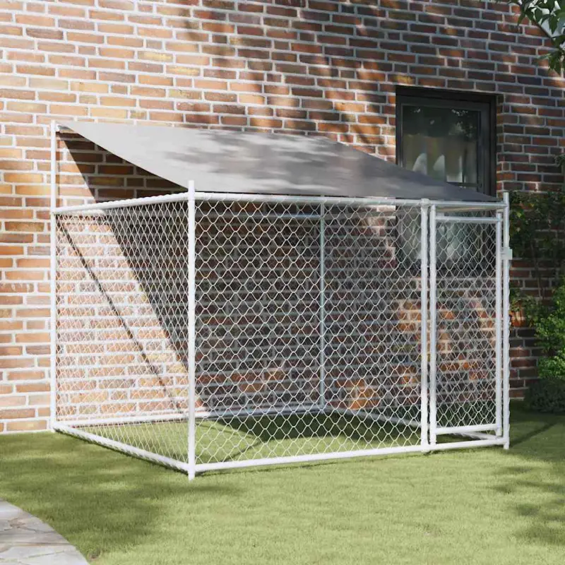Klatka dla psa, z dachem i drzwiami, szara, 2x2x2 m, stal