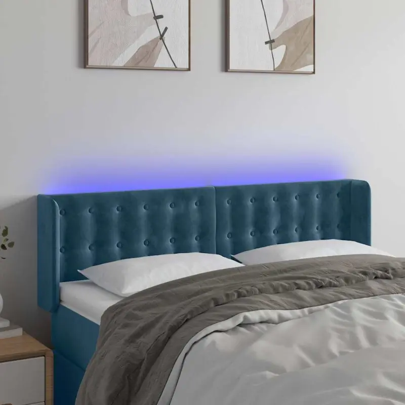 Zagłówek do łóżka z LED ciemnoniebieski 147x16x78/88 cm aksamit